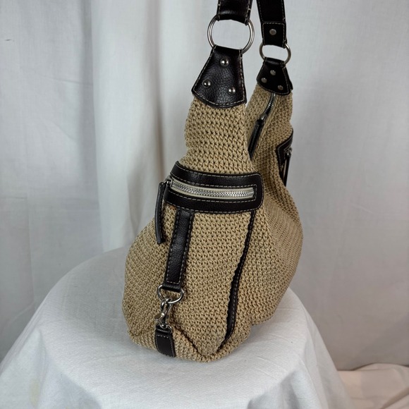 The Sak "Leann" Crochet Hobo Bag Tan Brown Leather Trim Silver Tone Hardware - Picture 3 of 12